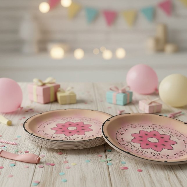 Prato De Papel Feliz Aniversário Rosa  (Criador carregado)