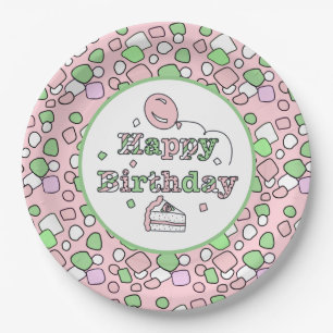 Prato De Papel Feliz aniversário rosa e verde