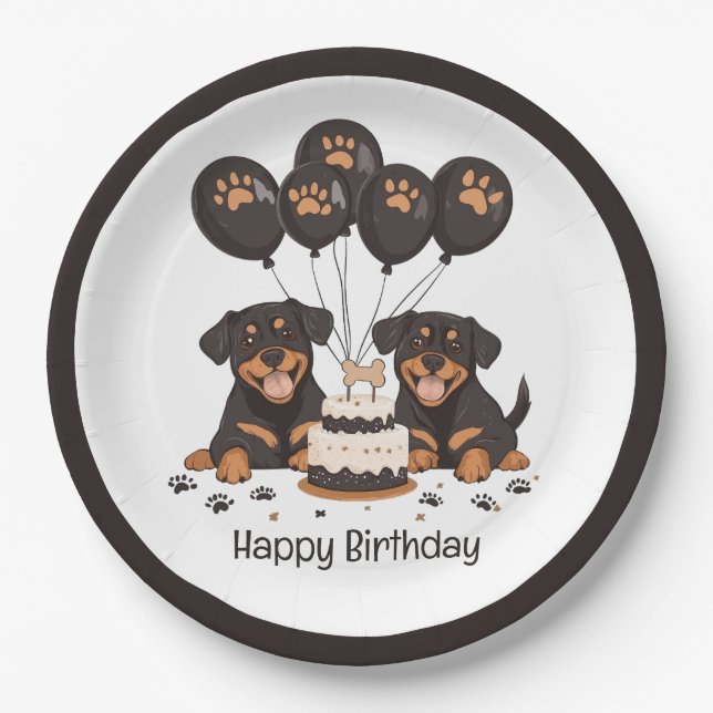 Prato De Papel Feliz Aniversário Rottweiler Cães (Frente)