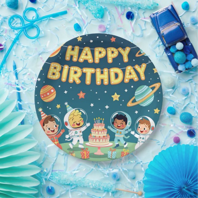Prato De Papel Feliz aniversário tema espacial (Festa)