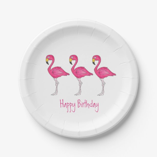 Prato De Papel Feliz Aniversário Tropical Ilha Rosa Flamingo Bird (Frente)