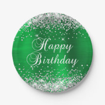 Feliz Aniversário Verde com Brilho Prateado