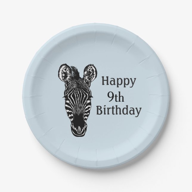 Prato De Papel Feliz Aniversário Zebra com Idade para Menino (Frente)