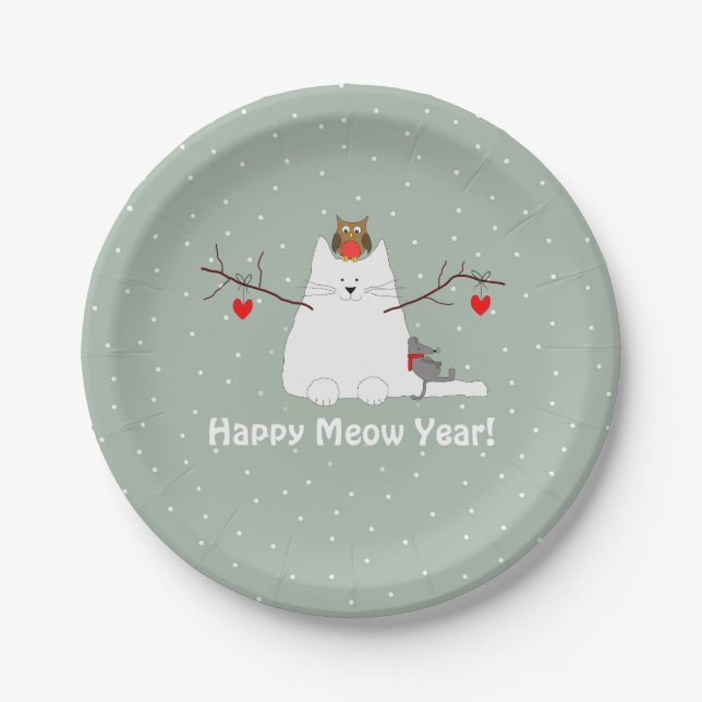 Prato De Papel "Feliz Ano de Meow!" Placa de Papel Snowcat (Frente)