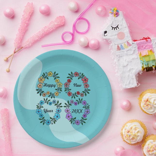 PRATO DE PAPEL FELIZ ANO NOVO 20XX PERSONALIZADO E FLOWERS WREATH (Festa)