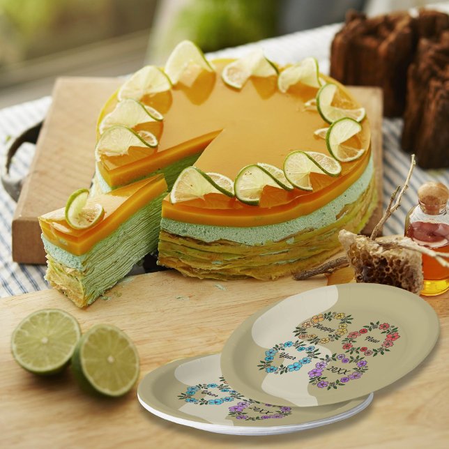 PRATO DE PAPEL FELIZ ANO NOVO 20XX PERSONALIZADO E FLOWERS WREATH (Criador carregado)