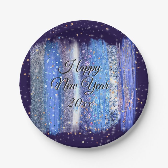 Prato De Papel Feliz ano novo de Traços de Pincel Molhado Azul 20 (Frente)