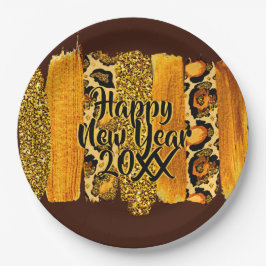 Prato De Papel Feliz ano novo do Traço de Pincel Dourado e Leopar