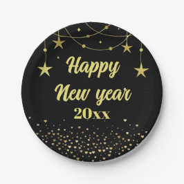 Prato De Papel Feliz ano novo preto e ouro moderno elegante