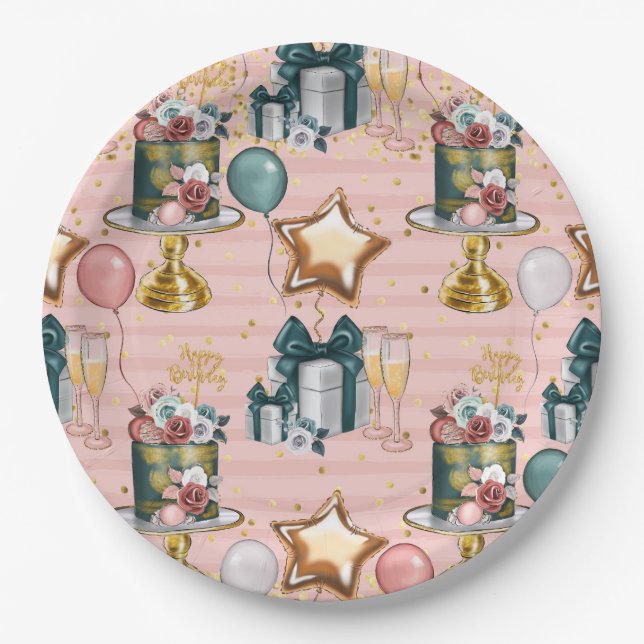 Prato De Papel Feliz Bolo de Aniversário (Frente)