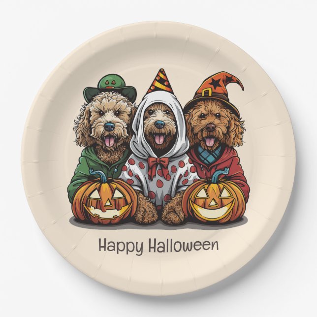 Prato De Papel Feliz Cachorro de Goldendoodle de Halloween (Frente)