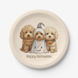 Prato De Papel Feliz Cachorro de Goldendoodle de Halloween