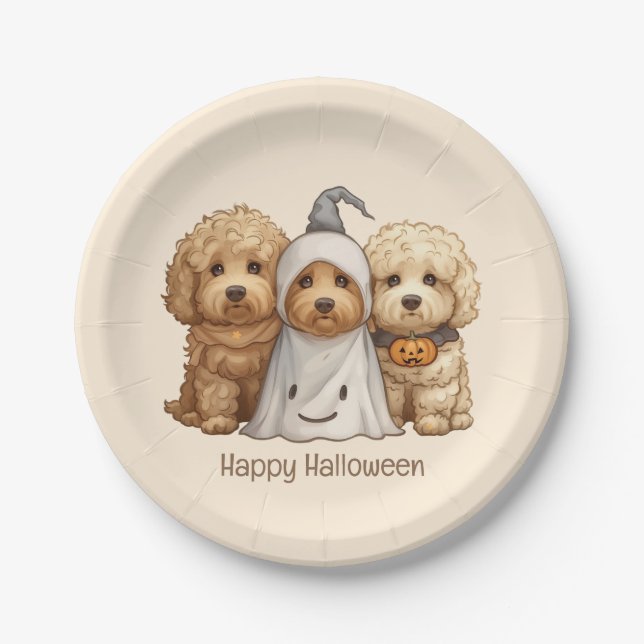 Prato De Papel Feliz Cachorro de Goldendoodle de Halloween (Frente)