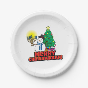 Prato De Papel Feliz Chrismukkah com Snowman e Menorah