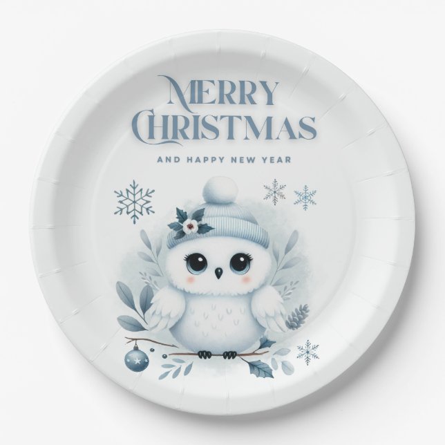 Prato De Papel Feliz Coruja de Natal (Frente)