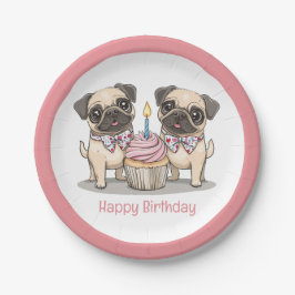Prato De Papel Feliz Cupcake de Cães Pug de Aniversário