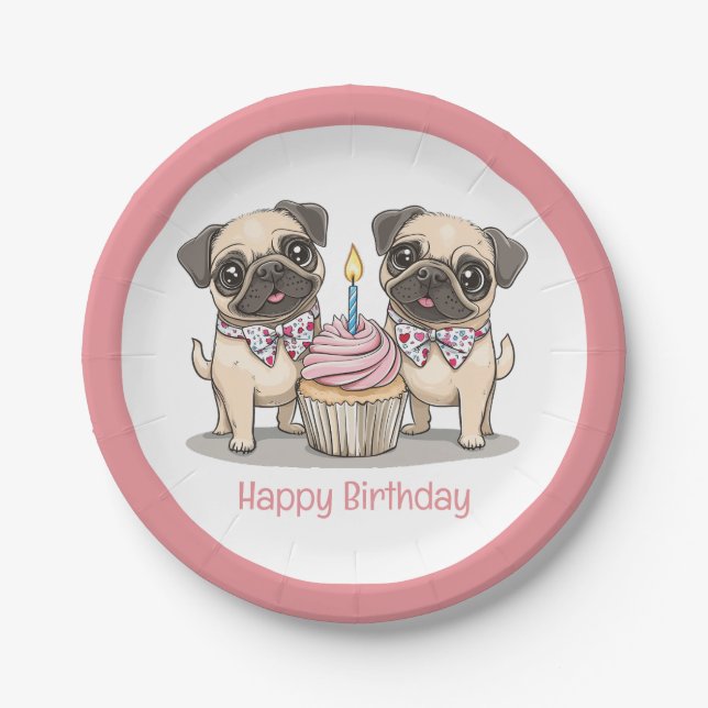 Prato De Papel Feliz Cupcake de Cães Pug de Aniversário (Frente)