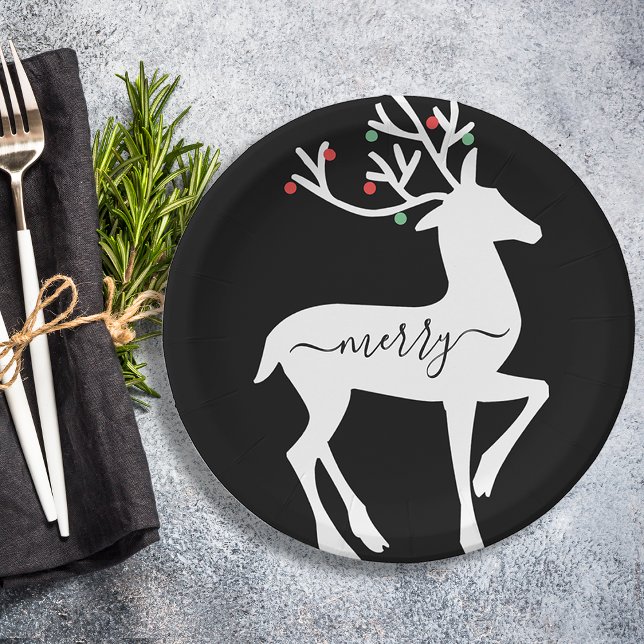 Prato De Papel Feliz de Reindeer de Natal Preto (Christmas Reindeer Merry Black Paper Plates)
