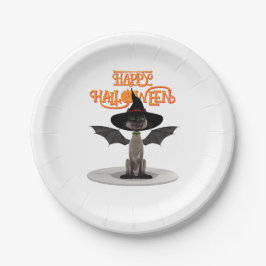 Prato De Papel Feliz Dia das Bruxas. Gato com asas e chapéu de br