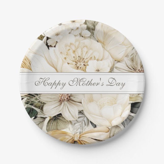 Prato De Papel Feliz Dia das Mães Creme marfim Floral script (Frente)