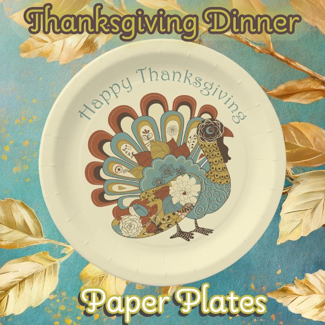 Prato De Papel Feliz Dia de Ação de Graças Cores Muçulmanas (Thanksgiving Dinner Paper plates with a cute modern muted fall colored turkey)