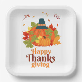 Prato De Papel Feliz Dia de Ação de Graças Pumpkin com Chapéus e 