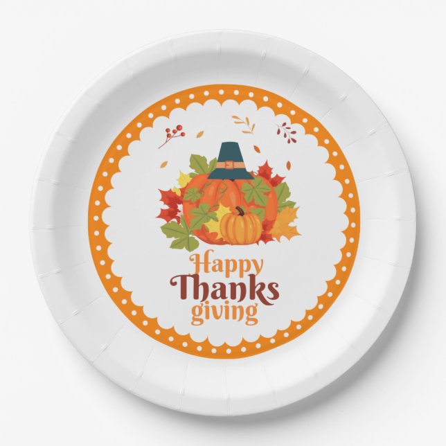 Prato De Papel Feliz Dia de Ação de Graças Pumpkin com Chapéus e  (Frente)