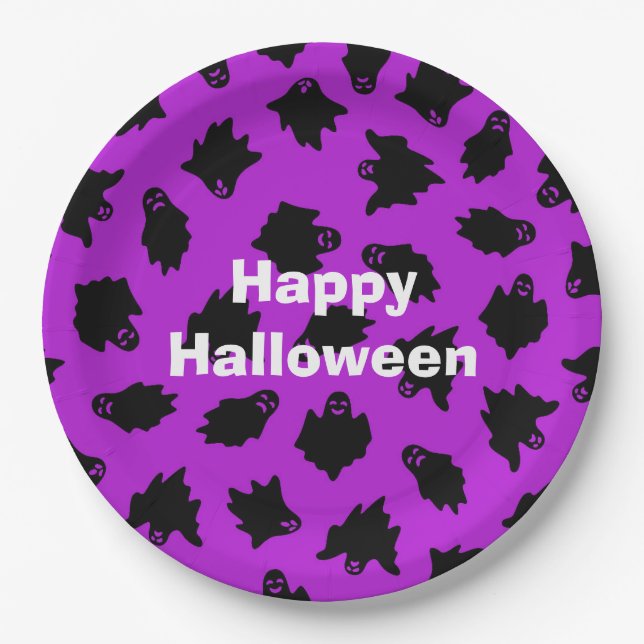 Prato De Papel Feliz Fantasma Roxo do Festa de Halloween (Frente)