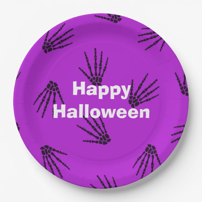Prato De Papel Feliz Festa de Halloween Bones Roxos (Frente)