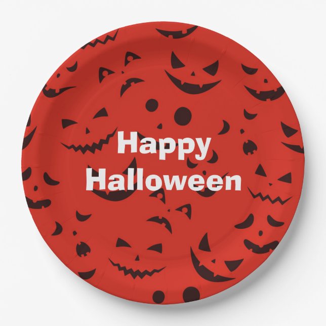 Prato De Papel Feliz Festa de Halloween Sorriso de Abóbora Vermel (Frente)