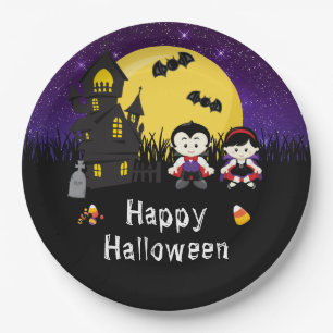 Prato De Papel Feliz Festa de Halloween Vampiros Roxo