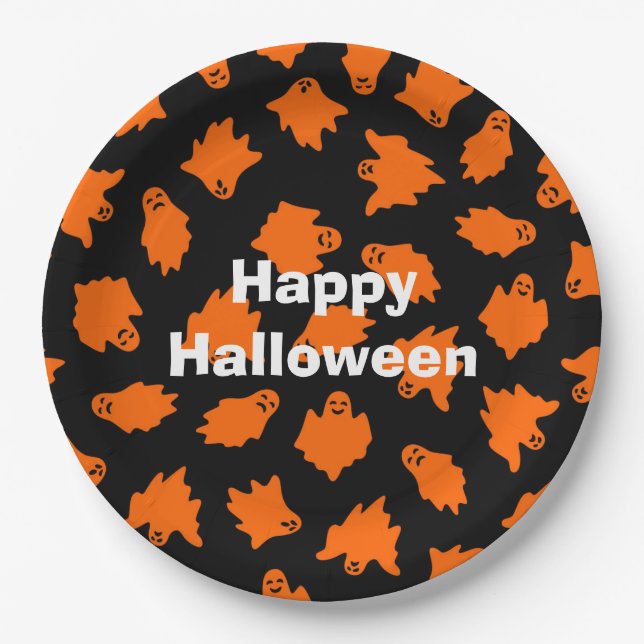 Prato De Papel Feliz Festa do Dia das Bruxas Laranja (Frente)