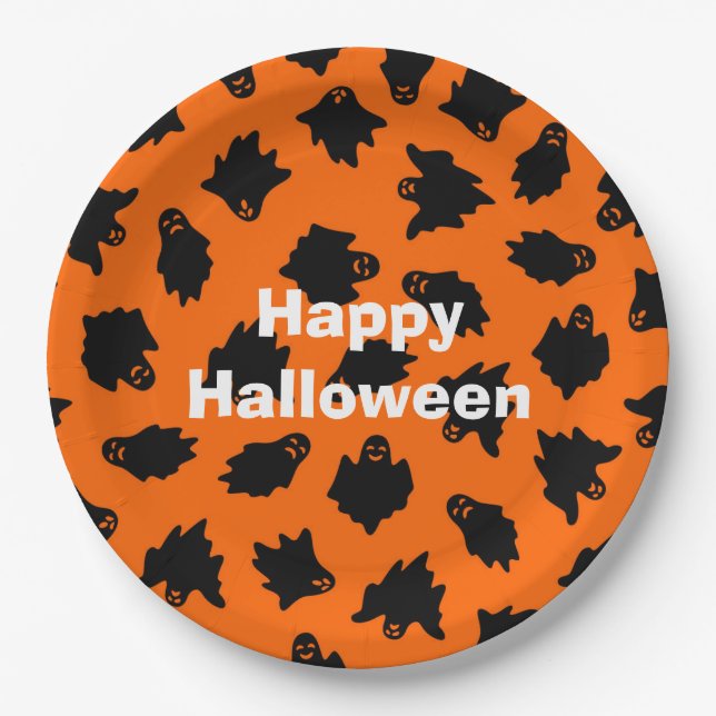 Prato De Papel Feliz Festa do Dia das Bruxas Laranja (Frente)