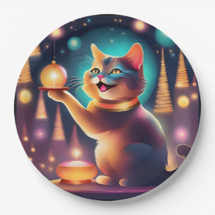 Prato De Papel Feliz gato comemorando o Natal ، Papelão