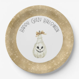 Prato De Papel Feliz Glitzy Halloween Dourado Creme Abóbora Rosto