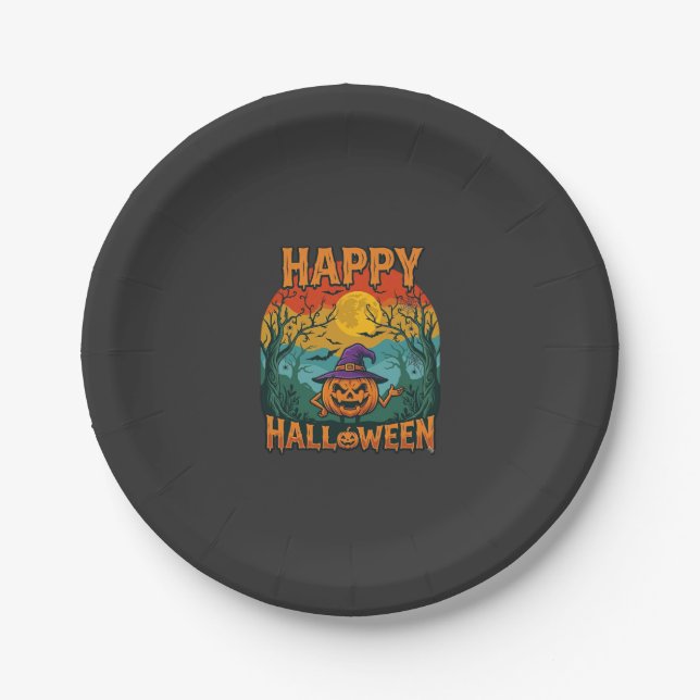 Prato De Papel Feliz Halloween Abóbora Chapéu de Bruxa Lua Cheia  (Frente)