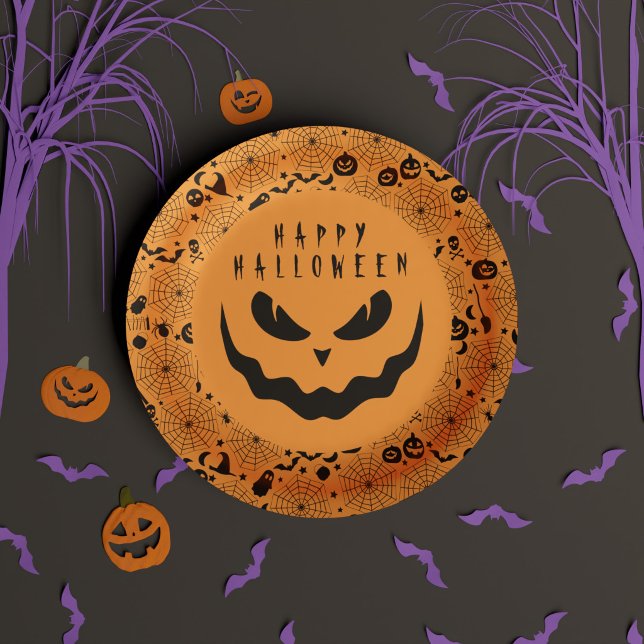 Prato De Papel Feliz Halloween Abóbora preta e laranja (Happy Halloween Black and Orange Jack o Lantern Paper Plates)