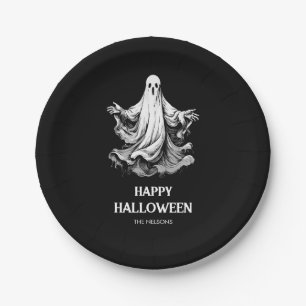 Prato De Papel Feliz Halloween assustador com fantasma preto e br