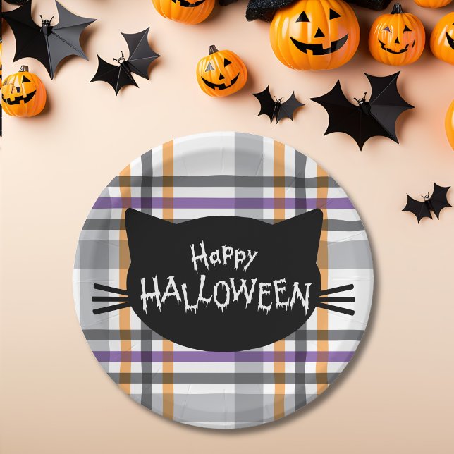 Prato De Papel Feliz Halloween Black Cat Face Silhoule (Happy Halloween Black Cat Face Silhouette Paper Plates)