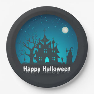 Prato De Papel Feliz Halloween Blue e Black Hauned House
