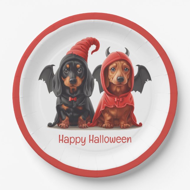 Prato De Papel Feliz Halloween Dachshund Dogs Devil Bat (Frente)