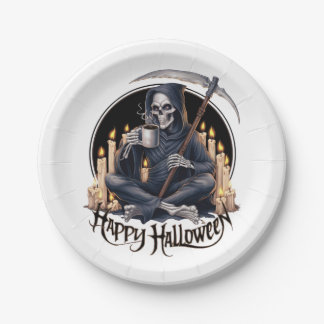 Prato De Papel Feliz Halloween e um esqueleto