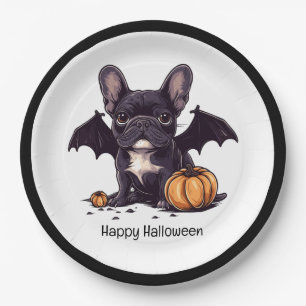 Prato De Papel Feliz Halloween Francês Buldogue Wings Pumpkins