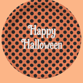 Prato De Papel Feliz Halloween laranja e preto bolinhas festa inf