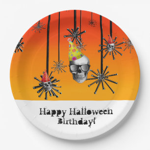 Prato De Papel Feliz Halloween Os crânios de aniversário em cha