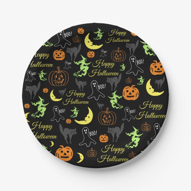 Prato De Papel Feliz Halloween Padrão Preto (Frente)