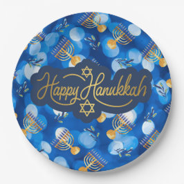 Prato De Papel Feliz Hanukkah Azul e Branco