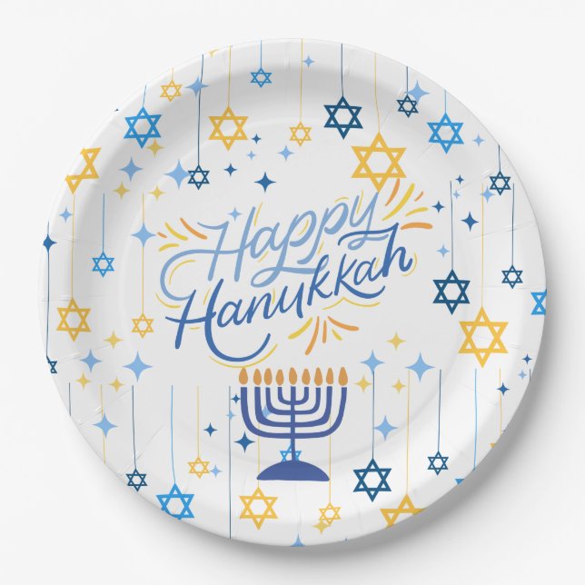 Prato De Papel Feliz Hanukkah Azul e Dourado (Frente)