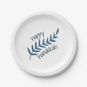 Prato De Papel Feliz Hanukkah (com Folhas Azuis)