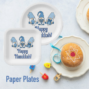 Prato De Papel Feliz Hanukkah com três gnomos